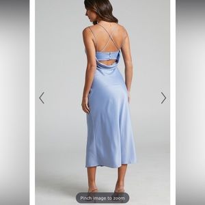 Showpo. SOFT PETAL MIDI DRESS - COWL CROSSOVER BACK DRESS IN CORNFLOWER BLUE